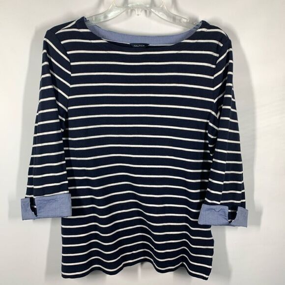 Nautica Women's Striped Boat Neck 3/4 Sleeve Striped Top Navy And White Medium - Picture 1 of 6